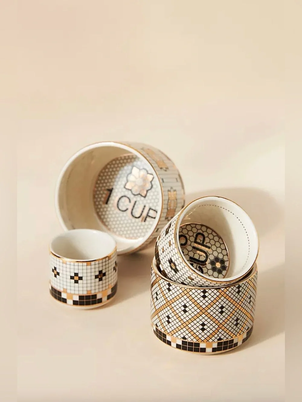 Bistro Tile Stoneware 24k Gold Accent Measuring Cups, Set of 4